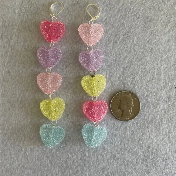HAND CRAFTED SPARKLING PASTEL GUM DROP HEART DANGLE EARRINGS Candy-Inspired - Picture 8 of 12